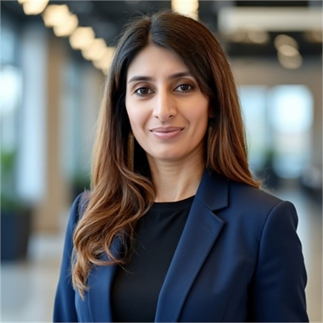 Image of Jasmin facing the camera, with long hair, suit jack and round nect top.
